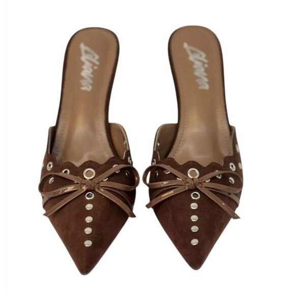 LILIANA / Caprice-2 / Brown / Suede / Pointed-Toe / Heeled Mules /  With Studded - Picture 4 of 8